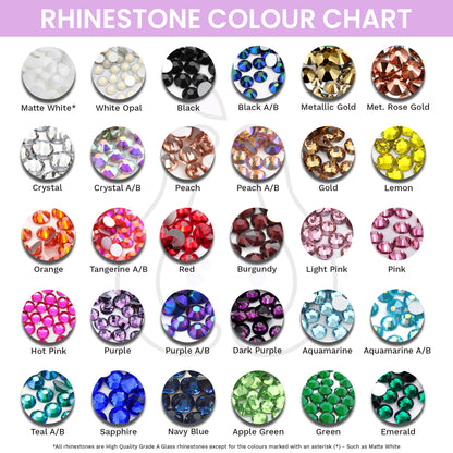 Rhinestone colour swatch chart showing the colours available for Bat Pasties