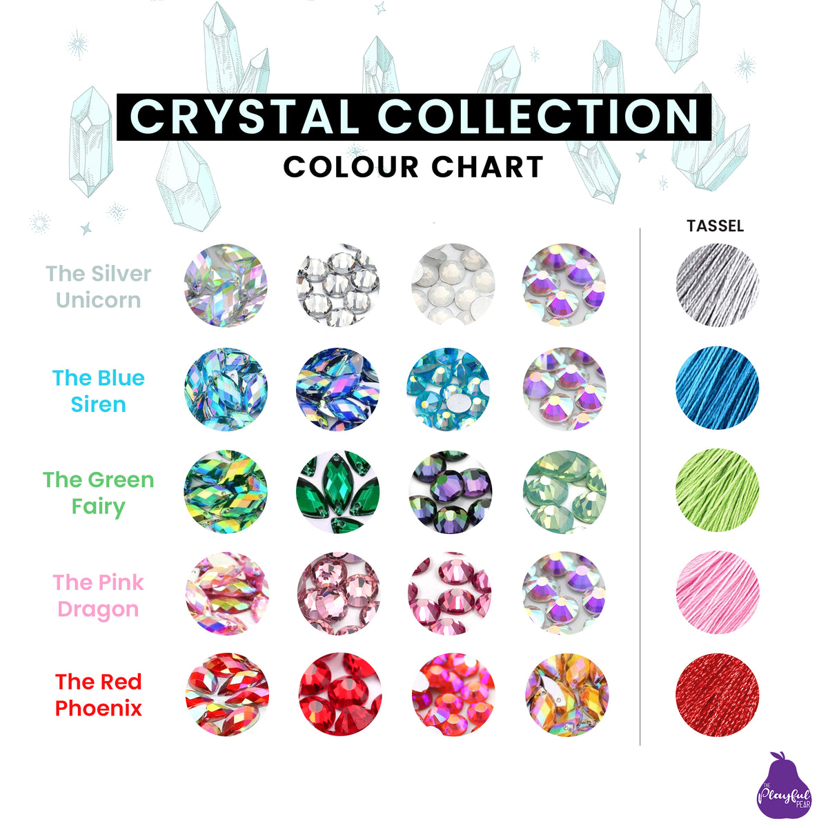Colour chart showing the combinations available for Crystal Collection Nipple Tassels & Pasties