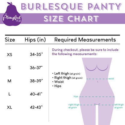 The Playful Pear size chart showing S, M, L and XL measurements for Fantasia Burlesque Panty
