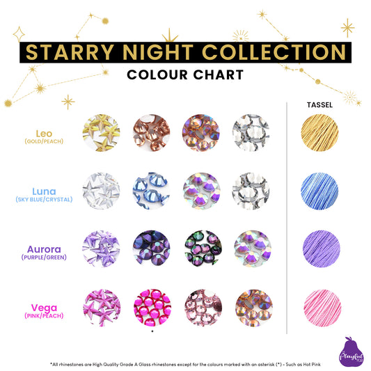 Colour chart showing the combinations available for Starry Night Illusion Nipple Covers & Merkin Set