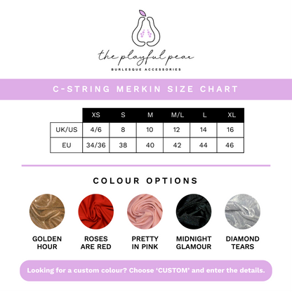 The Playful Pear c-string merkin size chart with waist and hip measurements