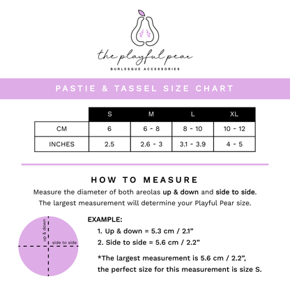 The Playful Pear size chart showing S, M, L and XL measurements for Crystal Collection Nipple Tassels & Pasties